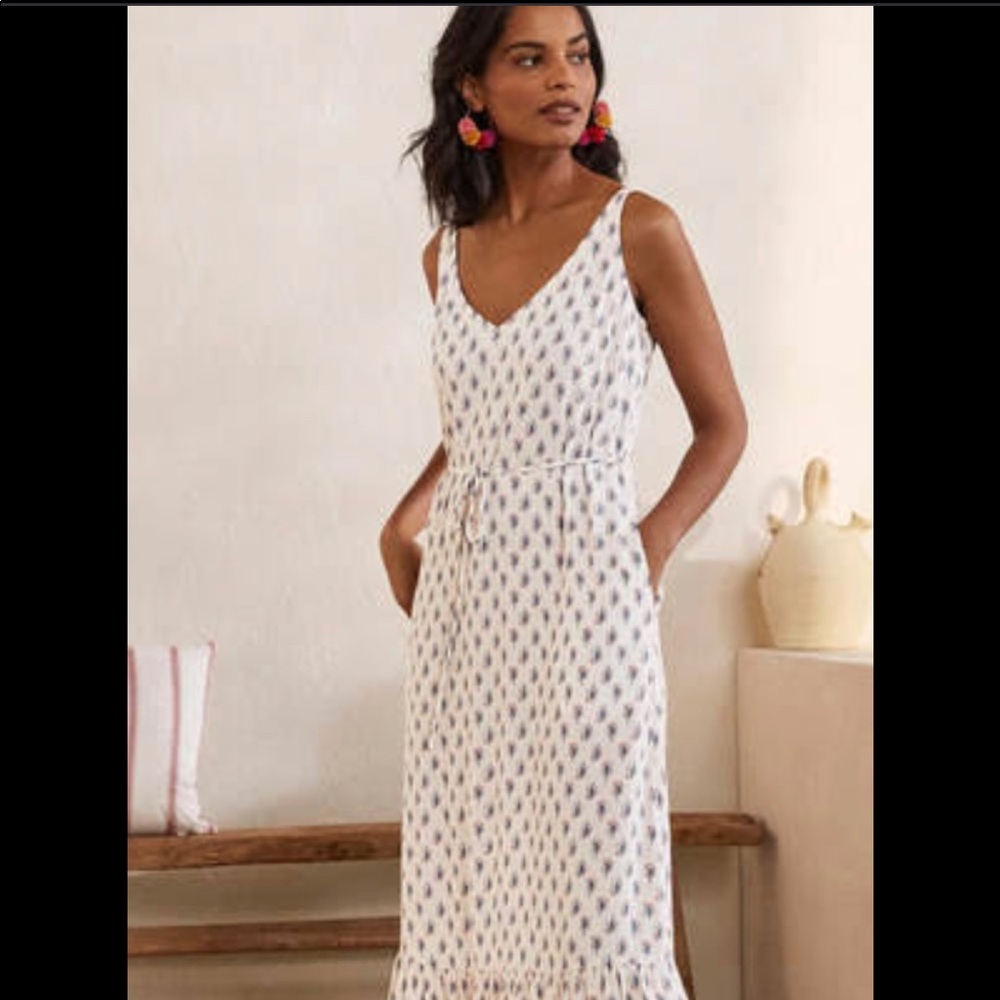 Boden White Maxi Dress with Subtle Blue Print